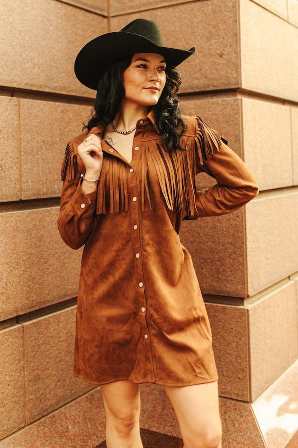 Brown Fringe Button Down Longsleeve Dress