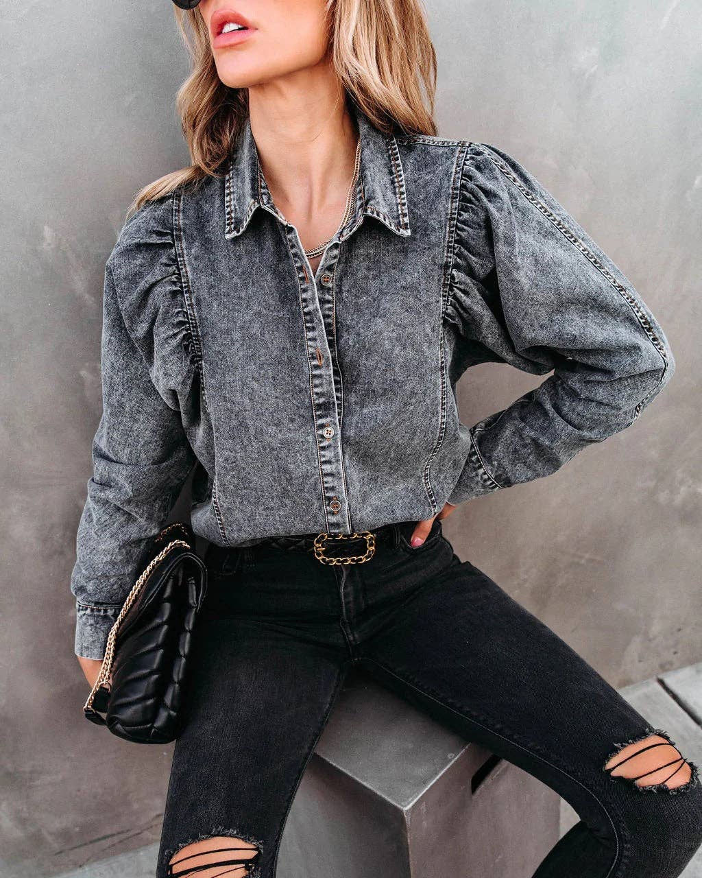 Denim Lapel Puff Sleeves Shirt
