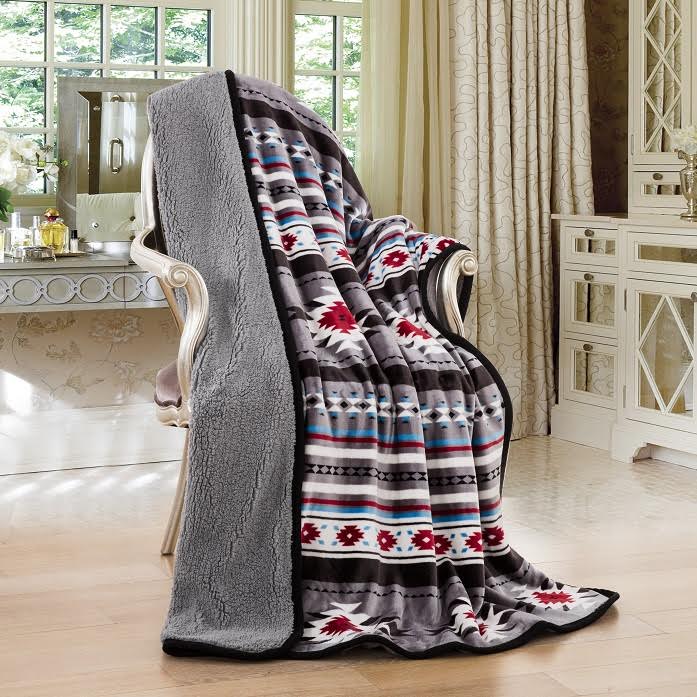 Southwestern Aztec Sherpa Fleece Throw Gray