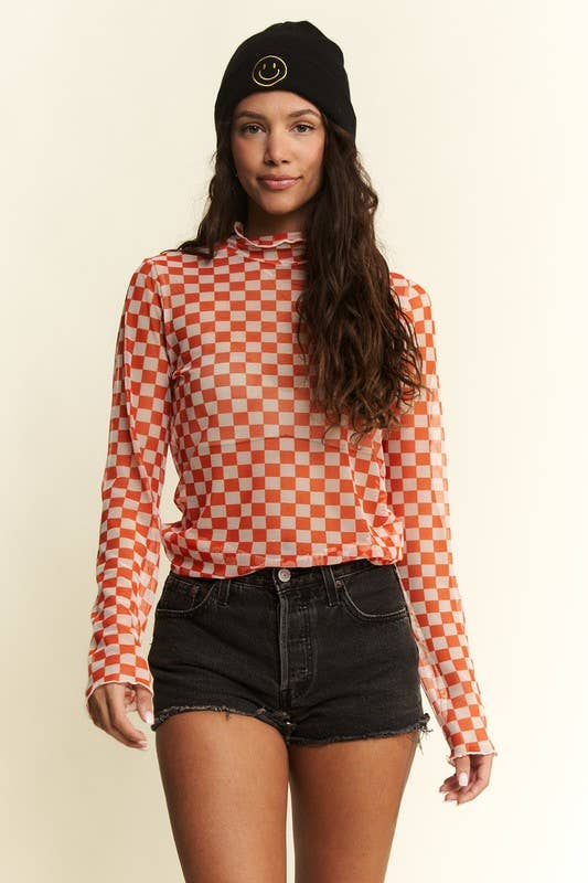 Checkered Print Mesh Top