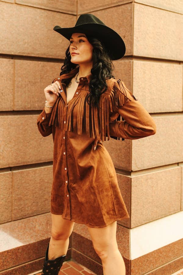 Brown Fringe Button Down Longsleeve Dress