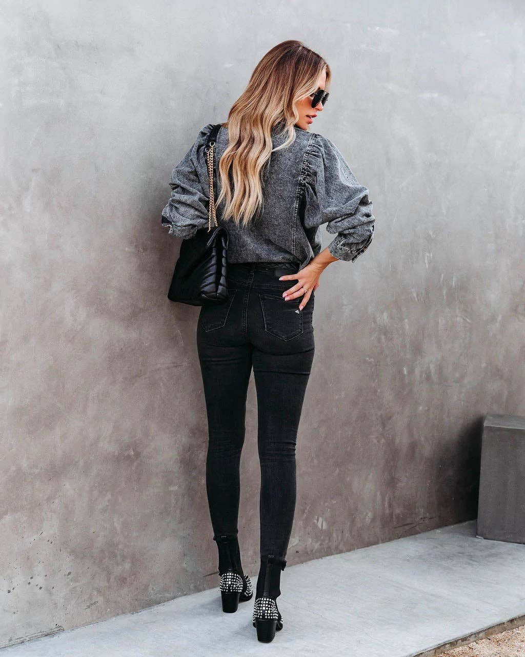 Denim Lapel Puff Sleeves Shirt