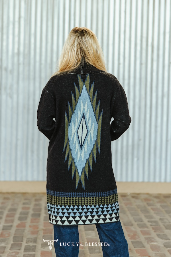 Black Turquoise Aztec Knitted Cardigan