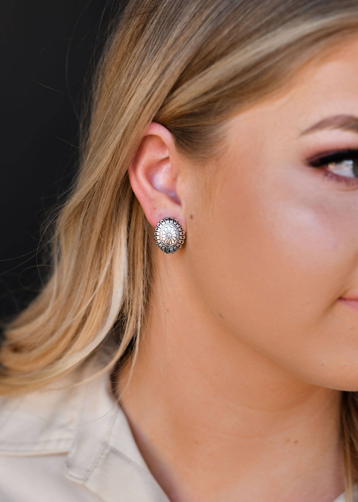 Small Burnished Silver Flower Stamped Concho Earring