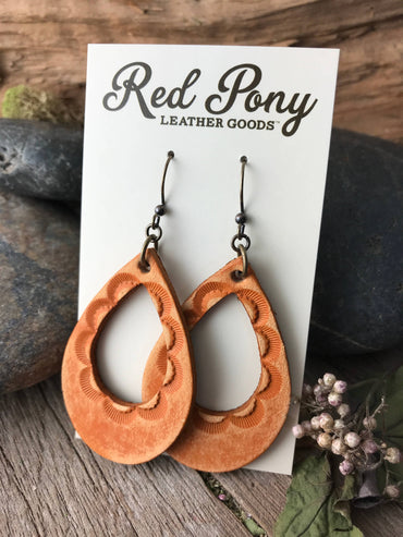 Tooled Leather Teardrop Earrings