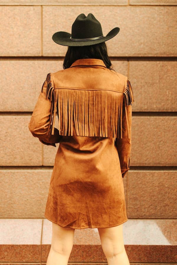 Brown Fringe Button Down Longsleeve Dress