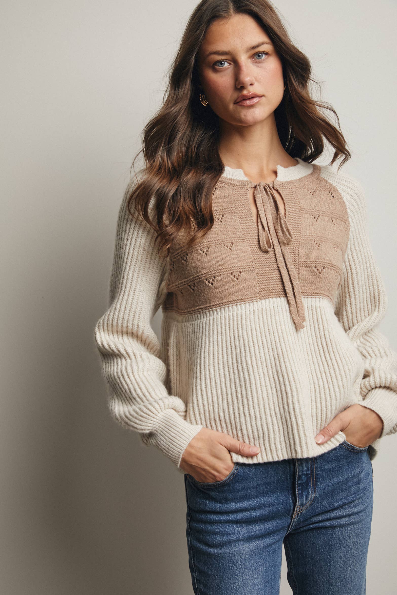 Two-Tone Knit Tie Neck Sweater