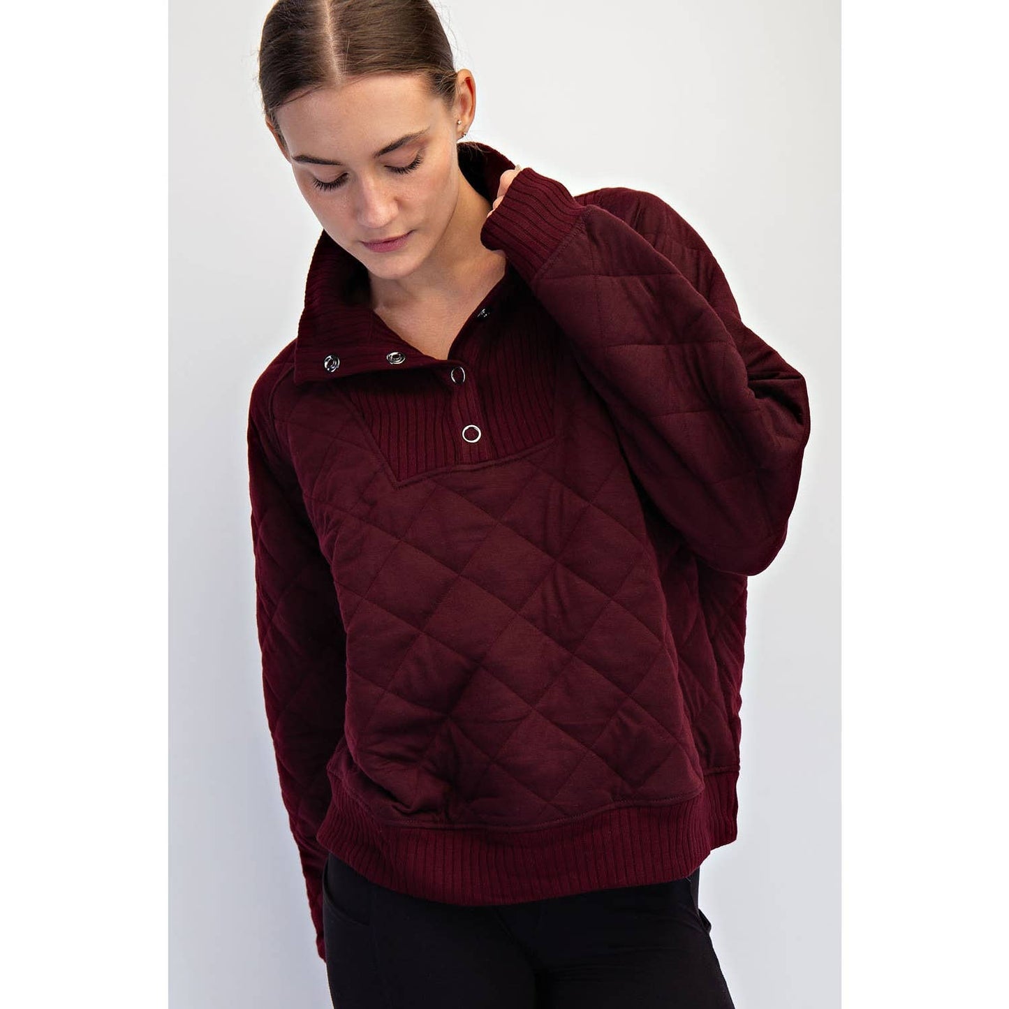 Quilted Snap Pullover- Dark Cherry