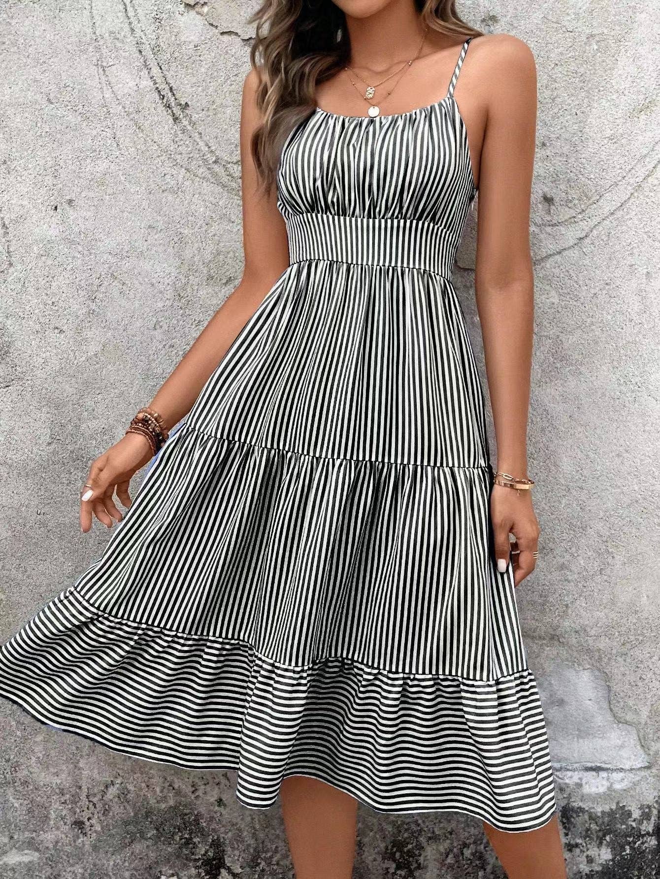 Striped Spaghetti Strap Midi Dress