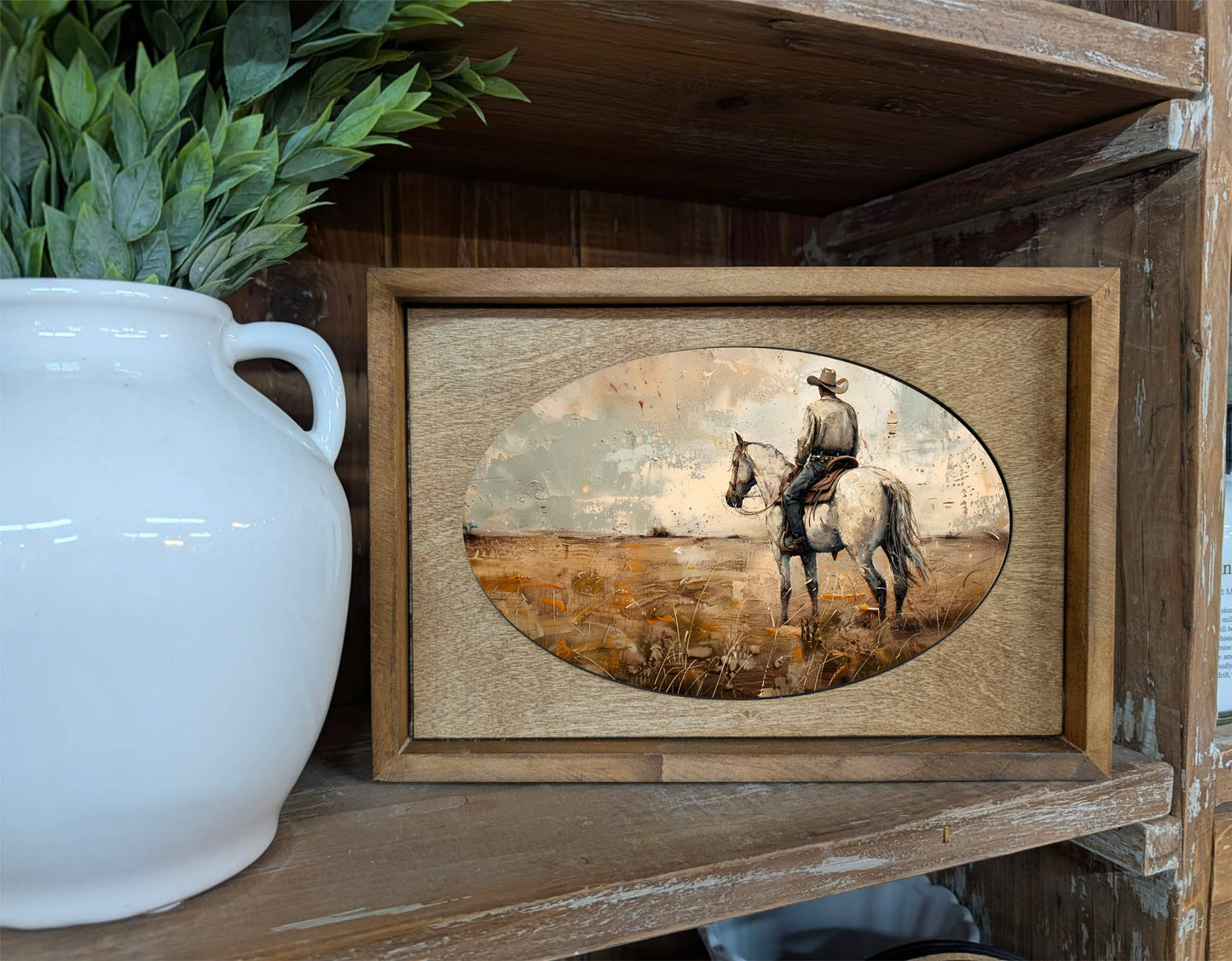 Box Framed Canvas Art White Horse Cowboy