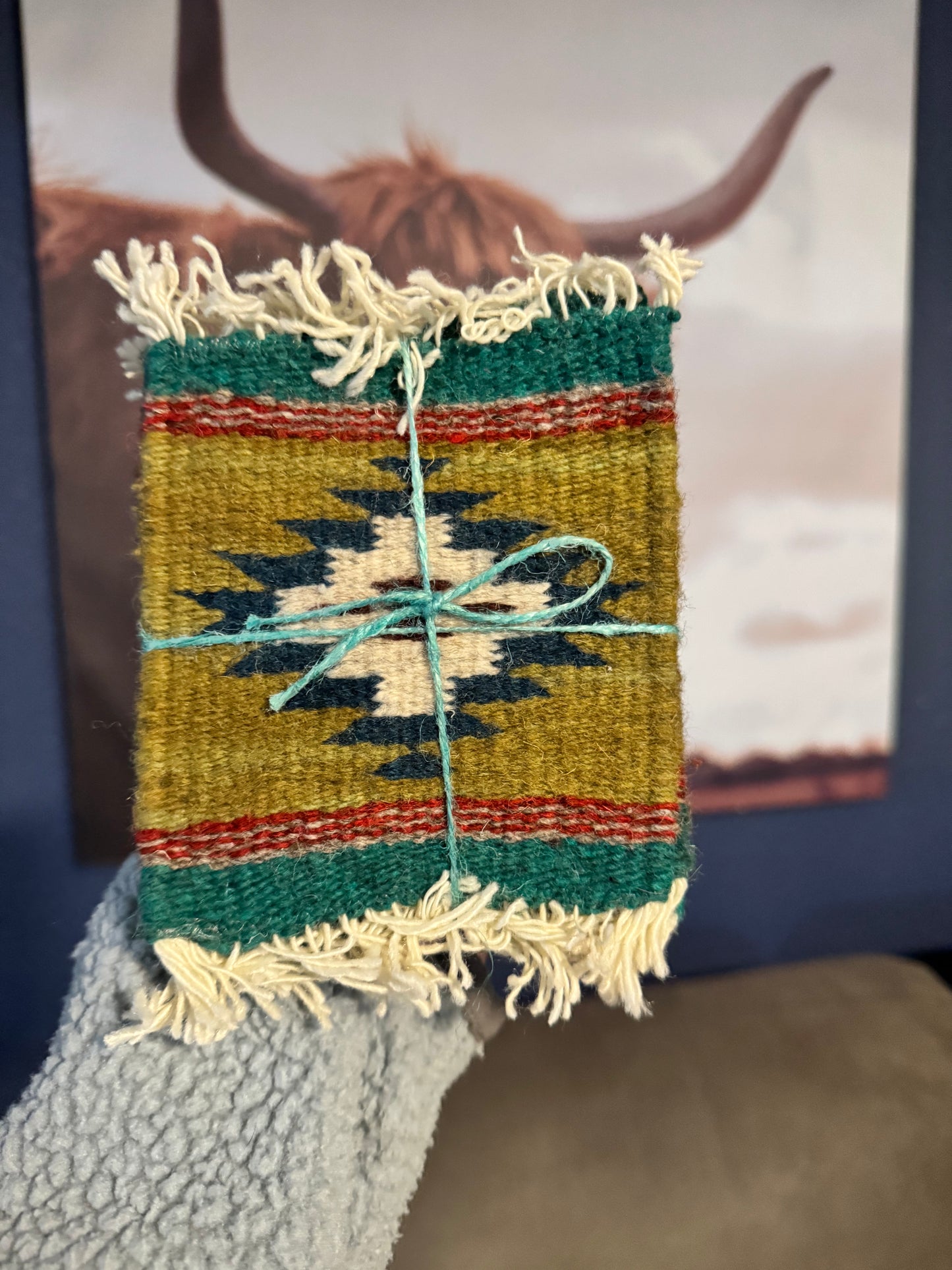 Olive and Teal Aztec Rug Coasters
