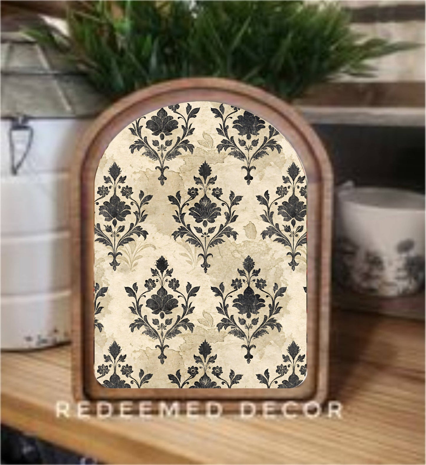 Damask Beige With Black Framed Art