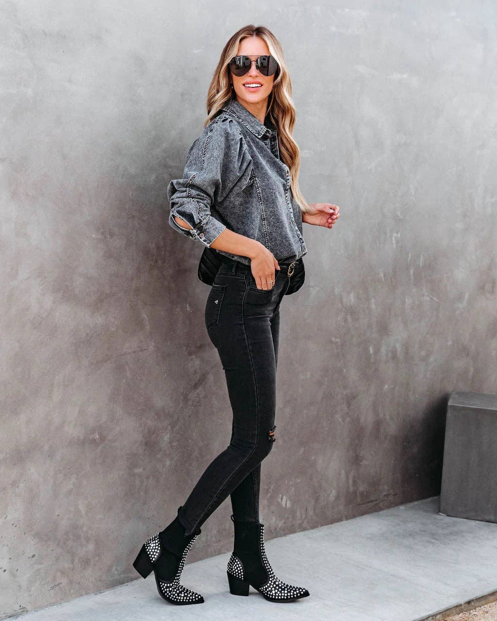 Denim Lapel Puff Sleeves Shirt