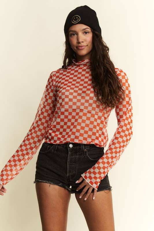 Checkered Print Mesh Top