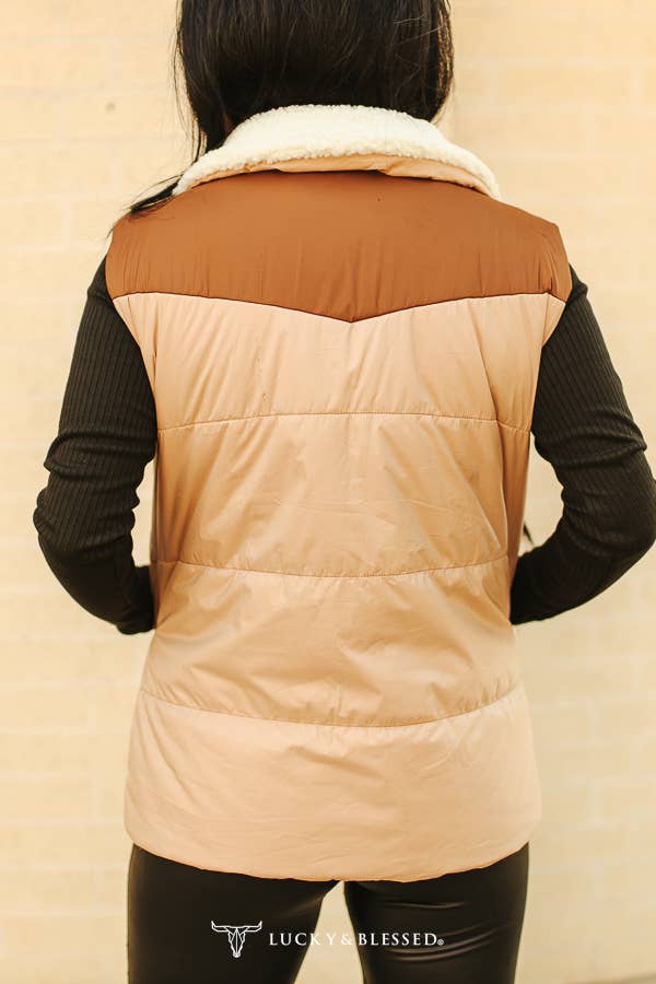 Cream Puffer Vest with Camel Yoke