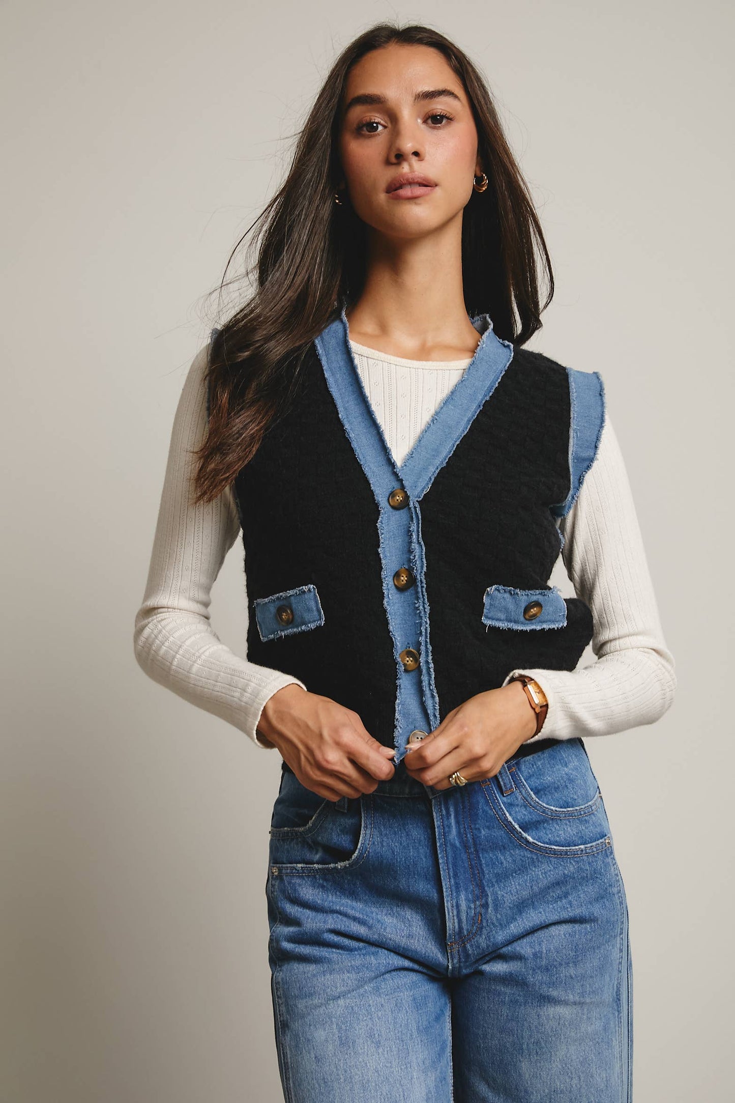 Denim Trim Knit Vest