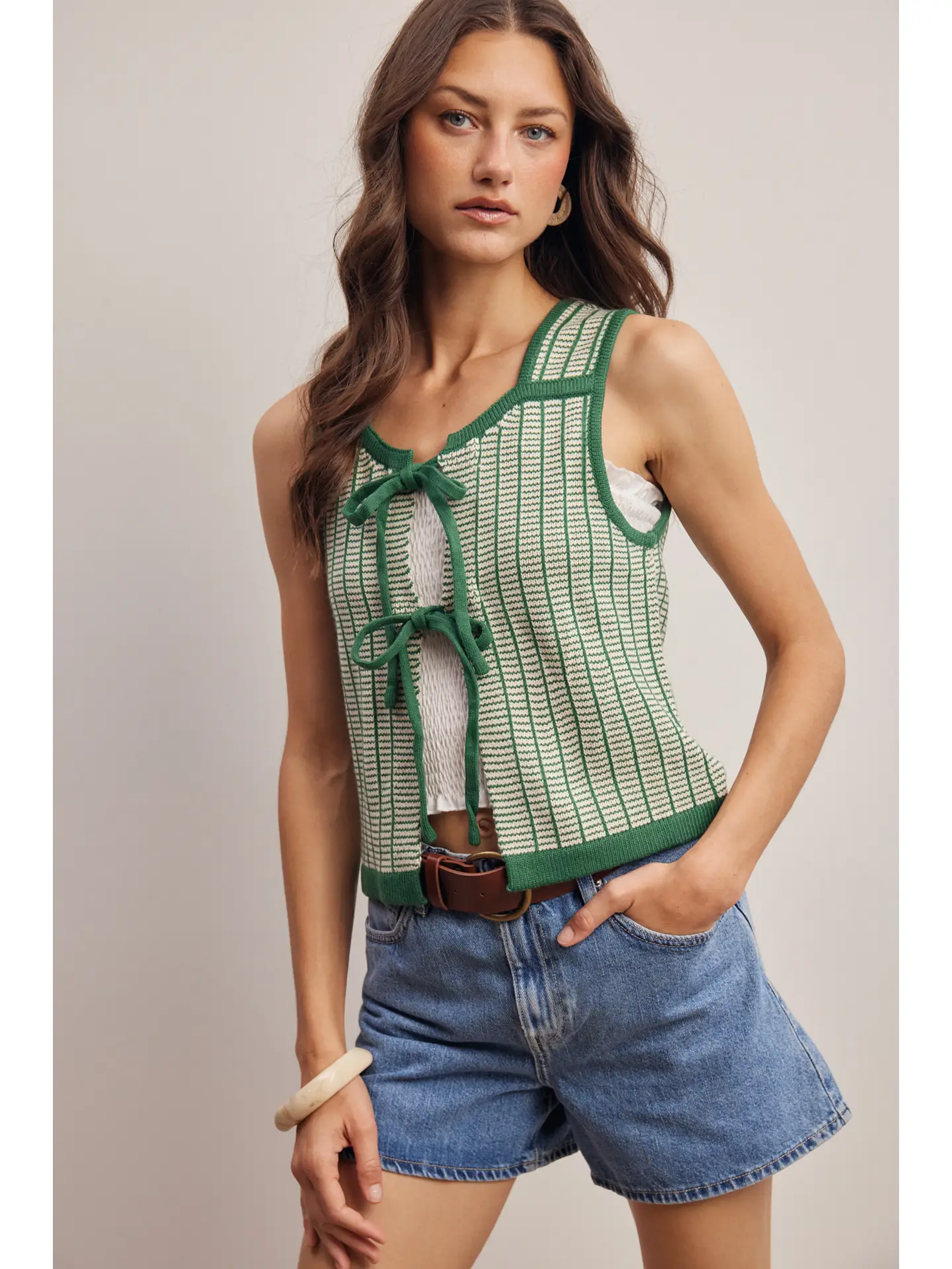 Tie-Front Striped Knit Vest