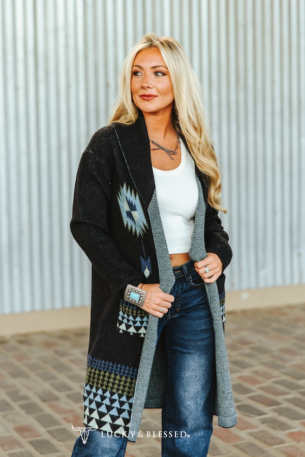 Black Turquoise Aztec Knitted Cardigan