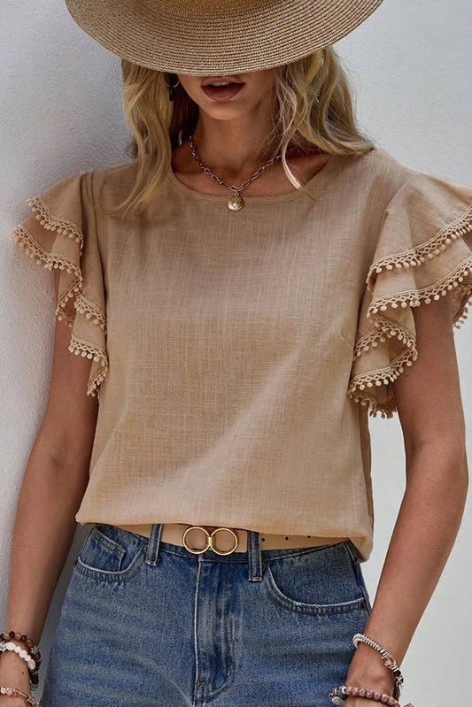 Plain Ruffle Sleeves Crew Neck Top