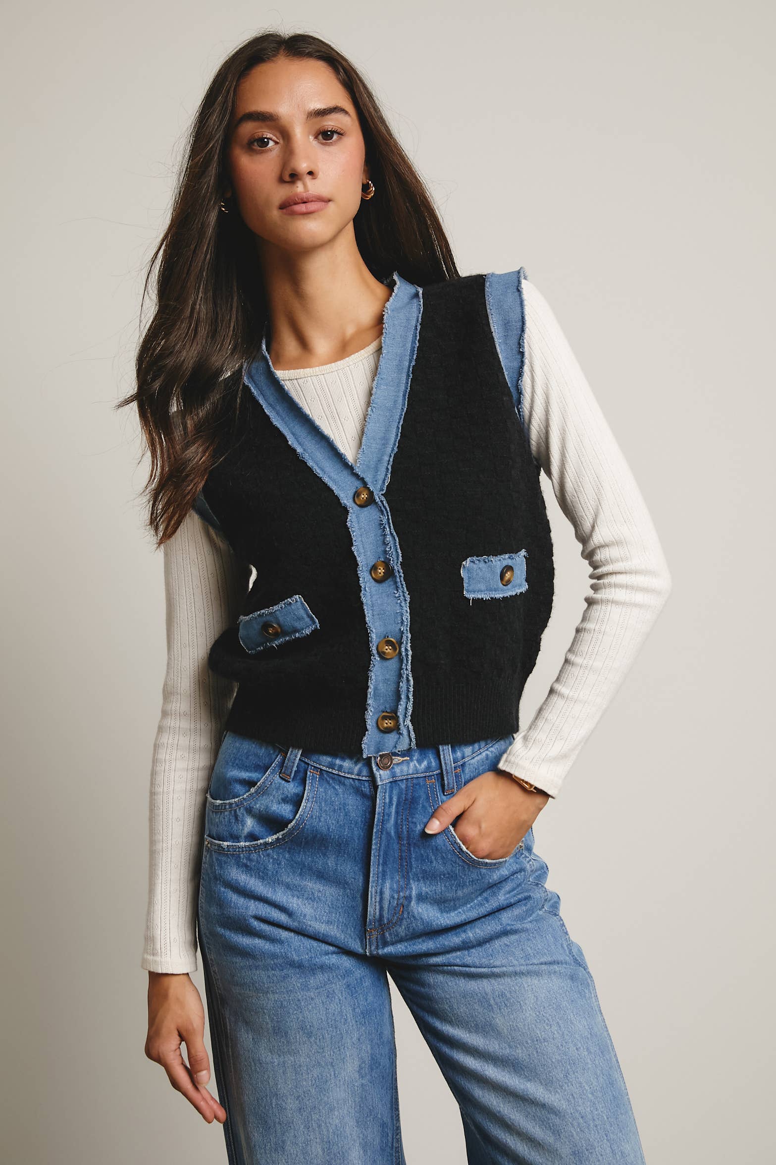 Denim Trim Knit Vest