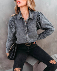 Denim Lapel Puff Sleeves Shirt