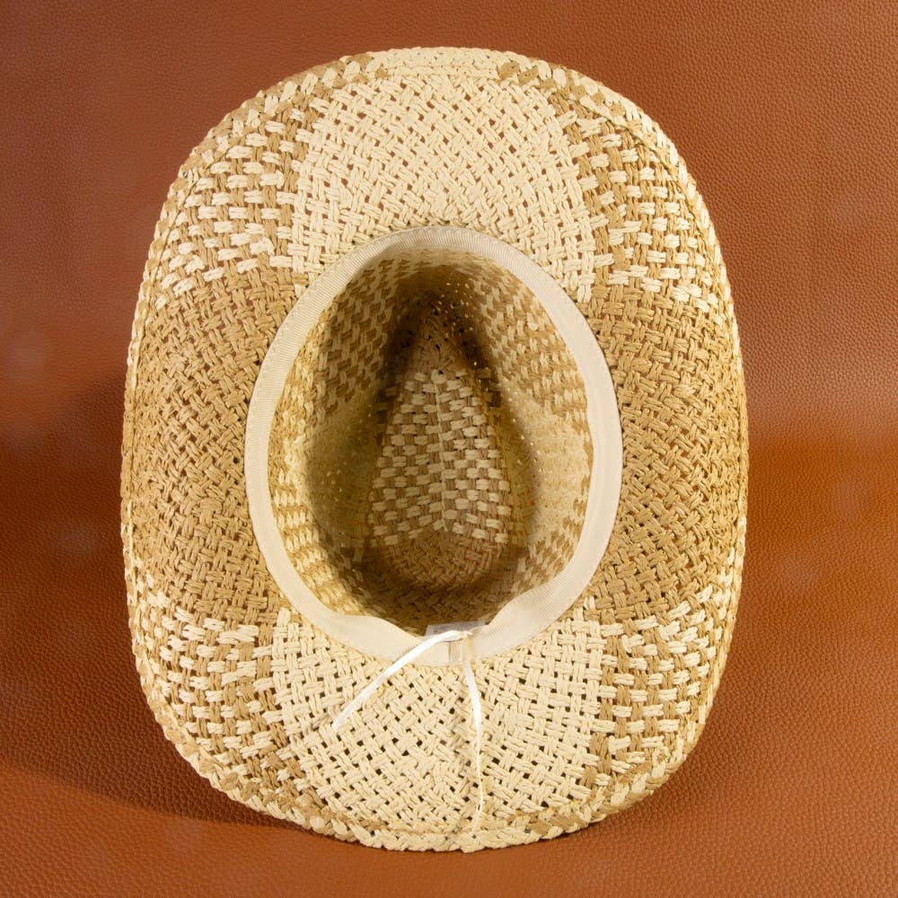 Two Tone Straw Braided Patches Cowboy Hat
