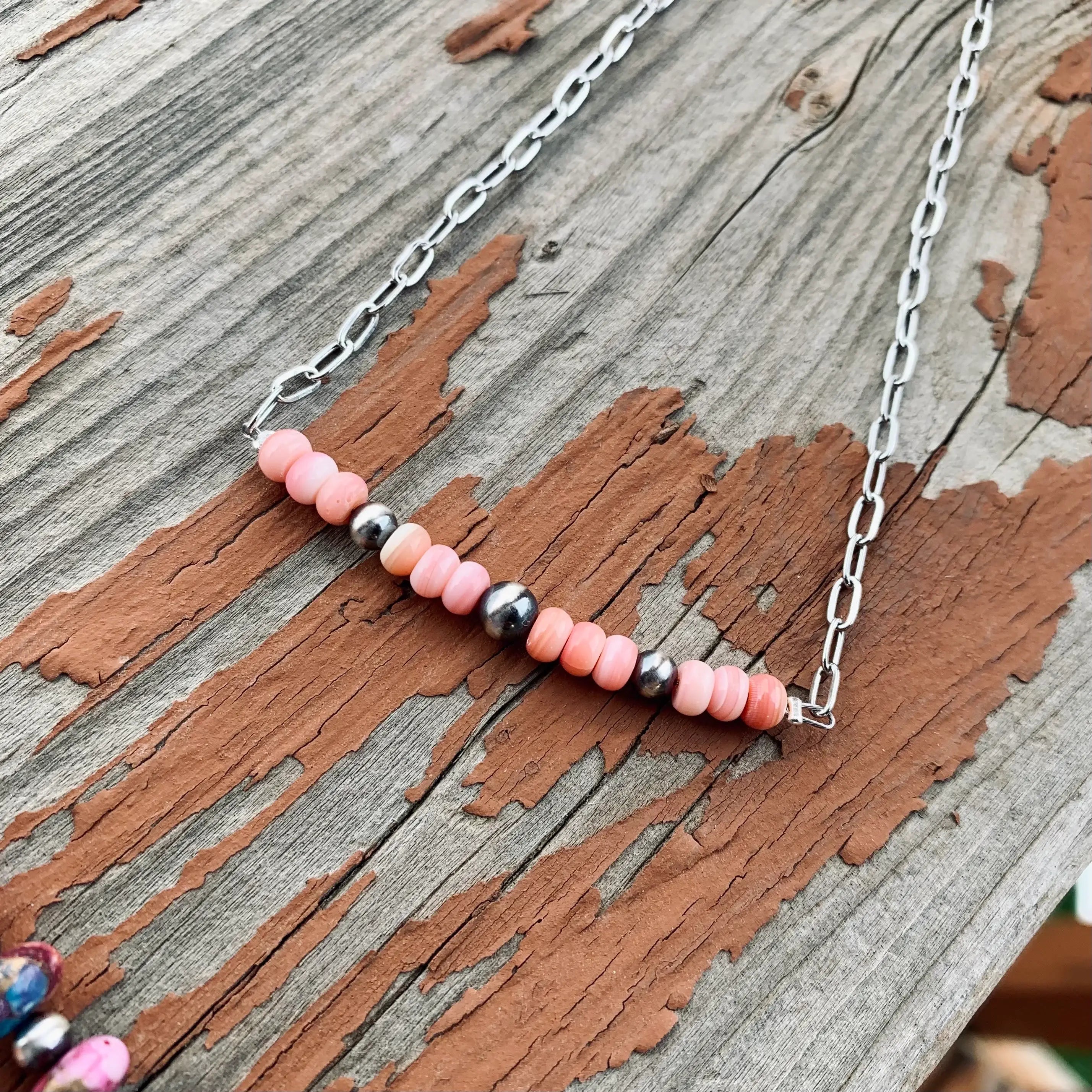 Genuine Pink Conch & Silver Pearl Bar Necklace