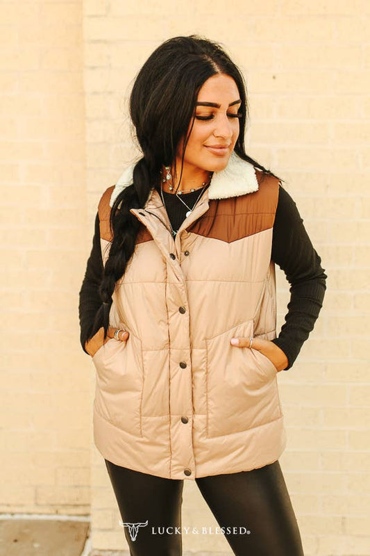 Cream Puffer Vest with Camel Yoke