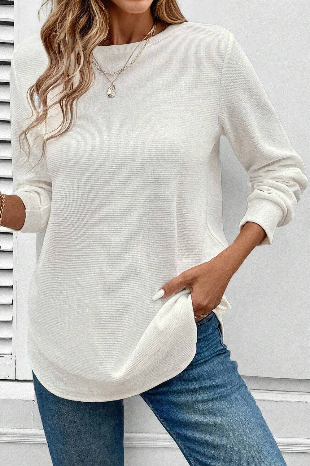 Waffle Knit Long Sleeve Top