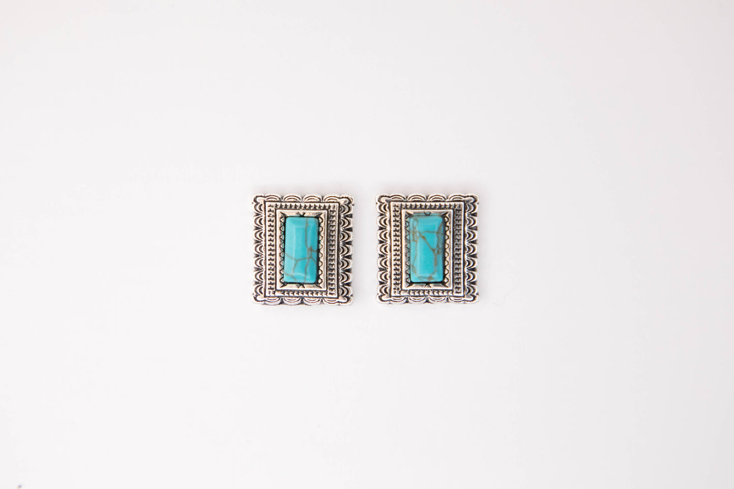 .75" Turquoise Rectangle Post Earrings w/ Stamped Border