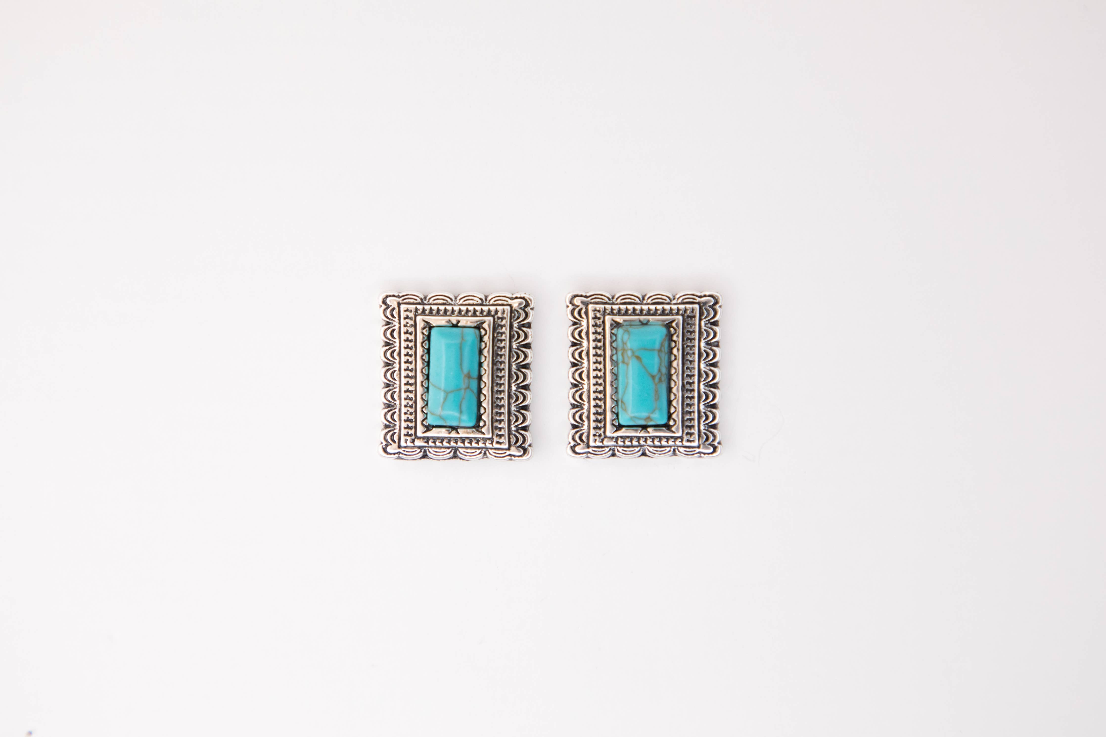 .75" Turquoise Rectangle Post Earrings w/ Stamped Border