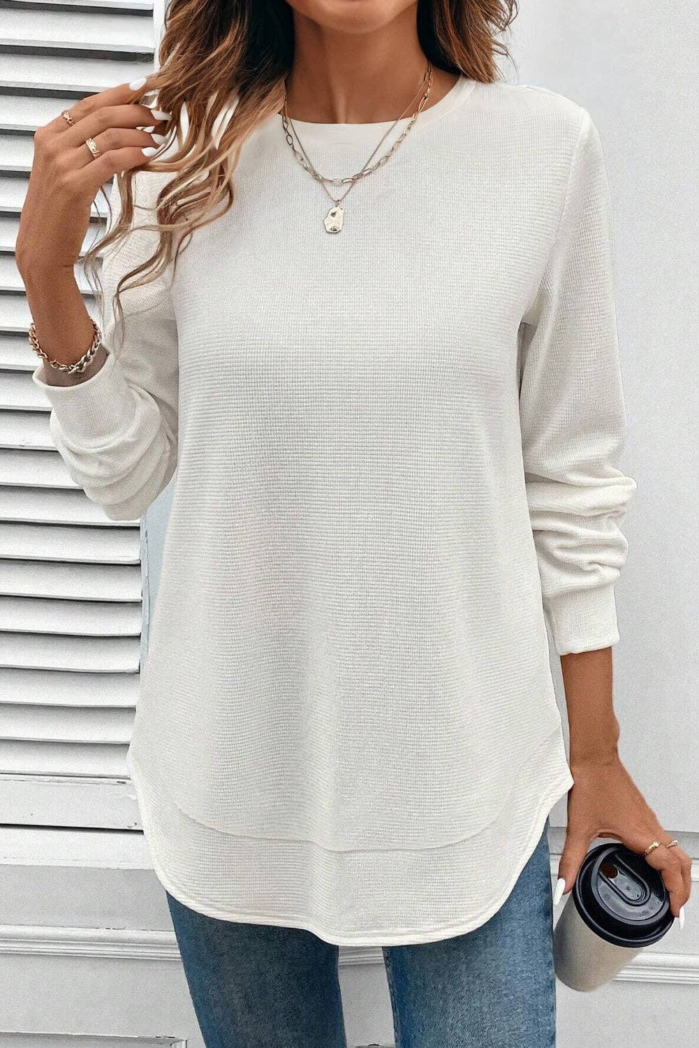 Waffle Knit Long Sleeve Top