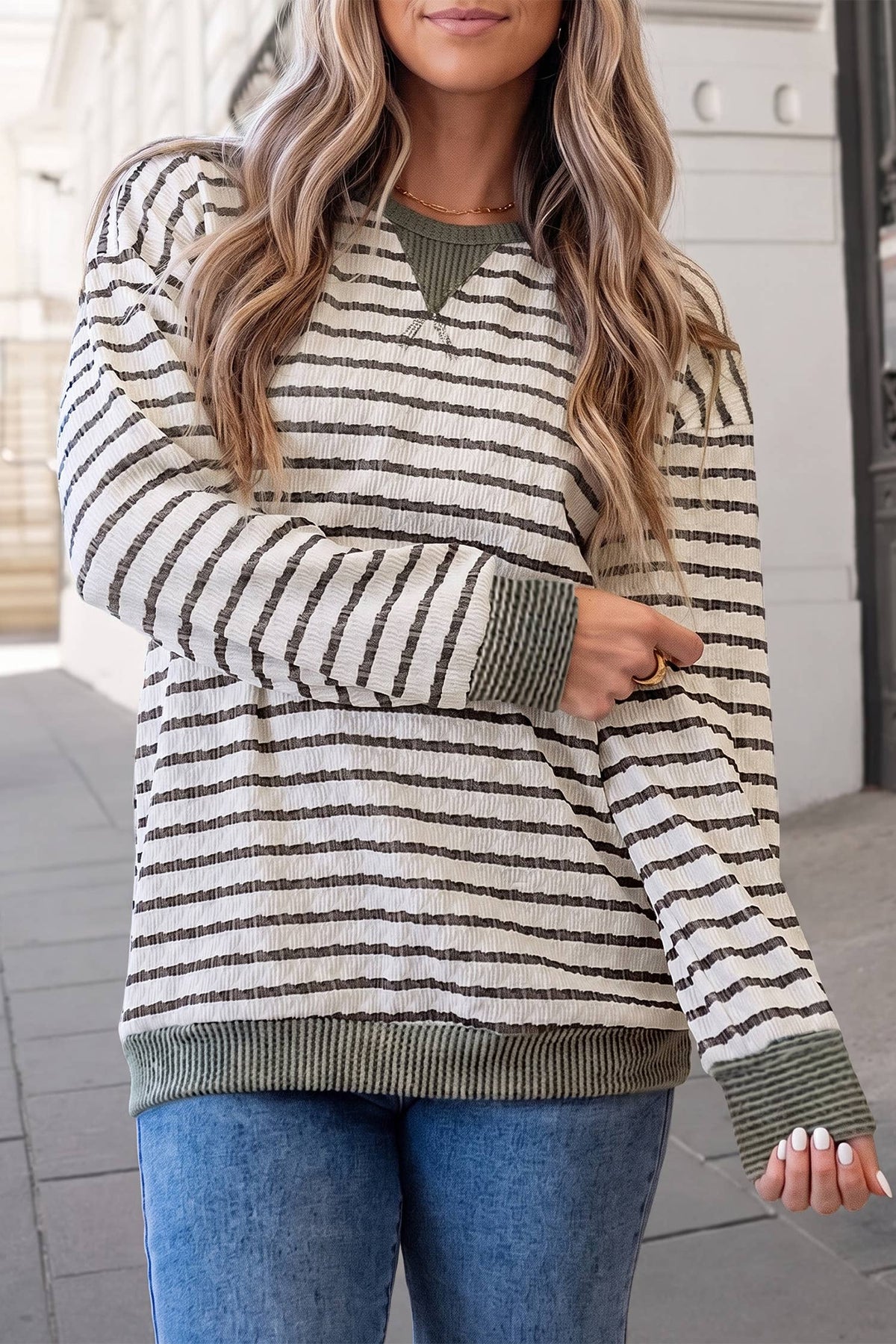 Chic Striped Textured Crewneck