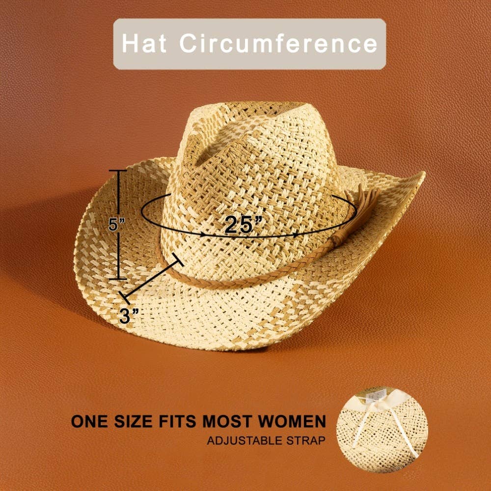 Two Tone Straw Braided Patches Cowboy Hat