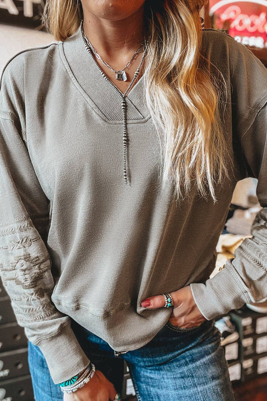 Aztec Embroidered V-Neck Sweatshirt
