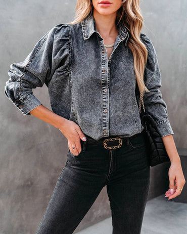 Denim Lapel Puff Sleeves Shirt