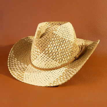 Two Tone Straw Braided Patches Cowboy Hat