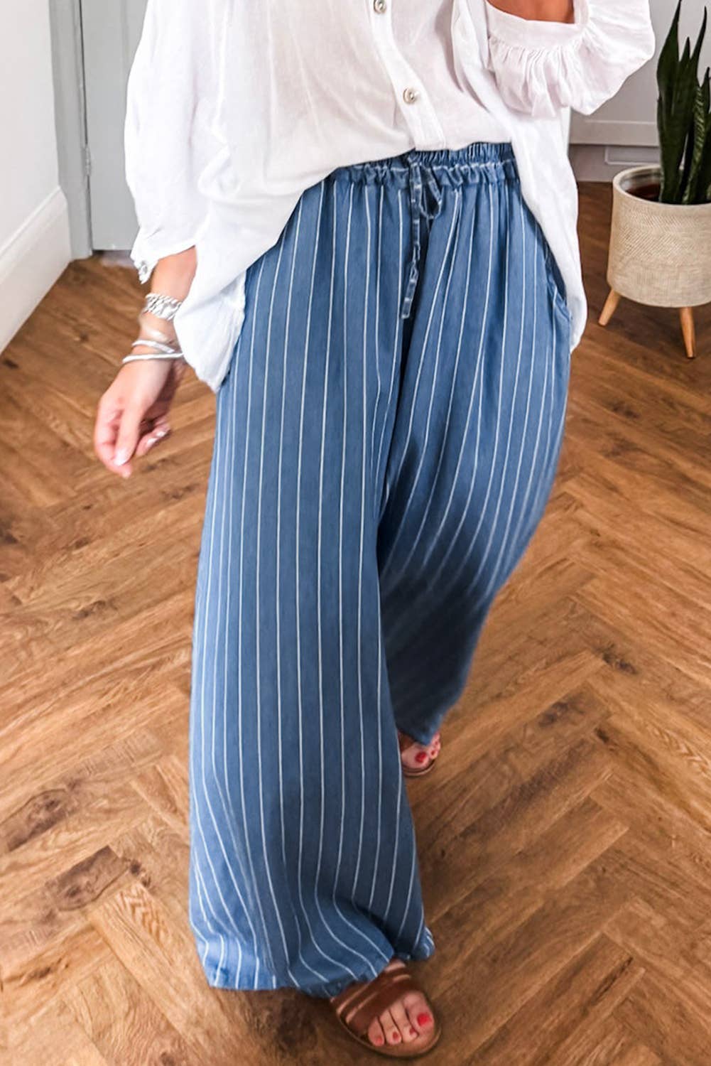 Stripe Chambray Wide Leg Trousers