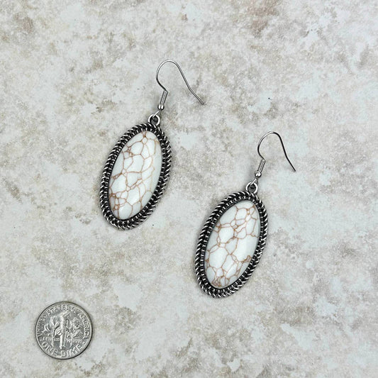 Silver Oval Dangle Earrings with White Stone
