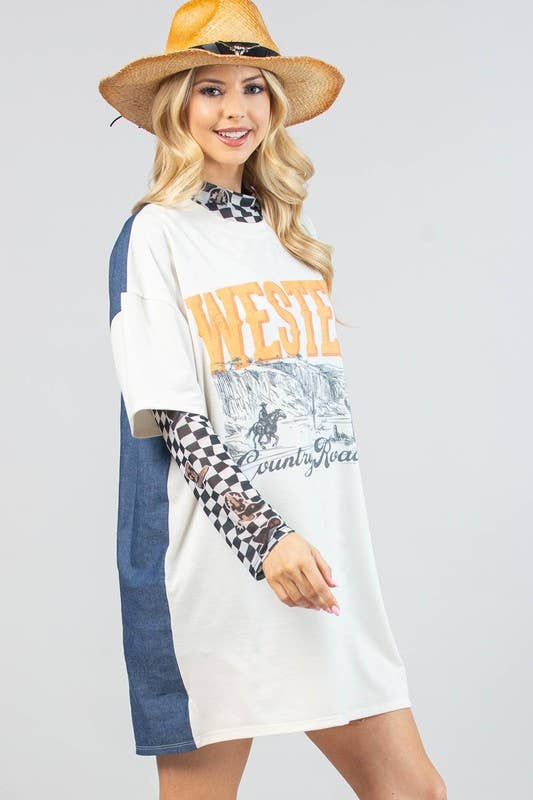 Western Graphic Denim Contrast Dress