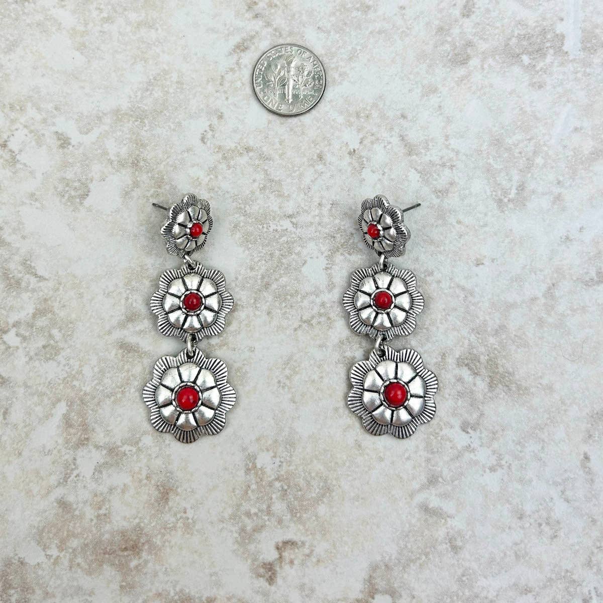 Silver Red Stone Center Flower Concho Dangle Earrings