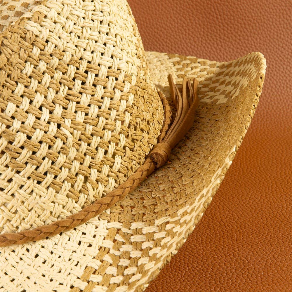 Two Tone Straw Braided Patches Cowboy Hat