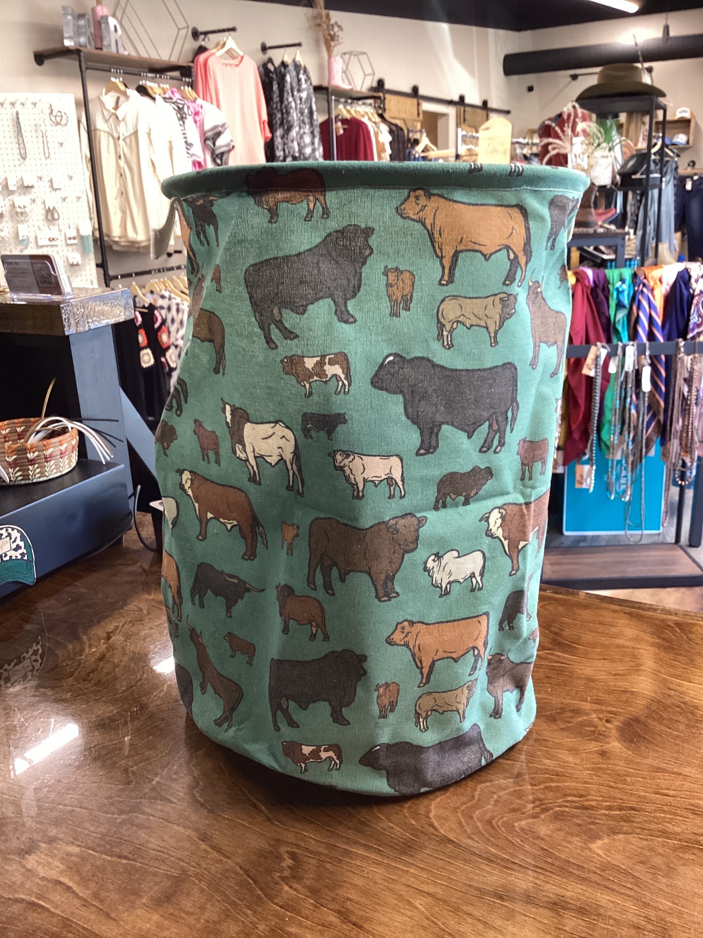 Collapsible Laundry Basket (Teal Cows)