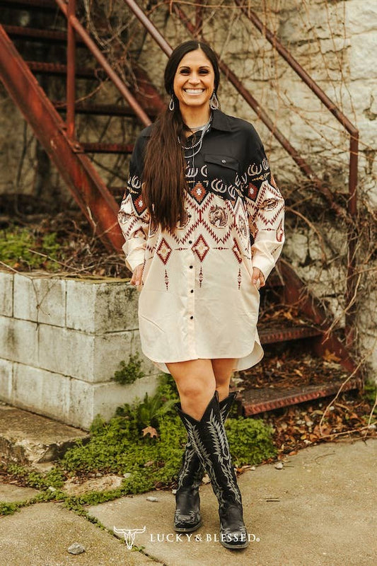 Black Ombre Horse Aztec Button Down Collared Dress