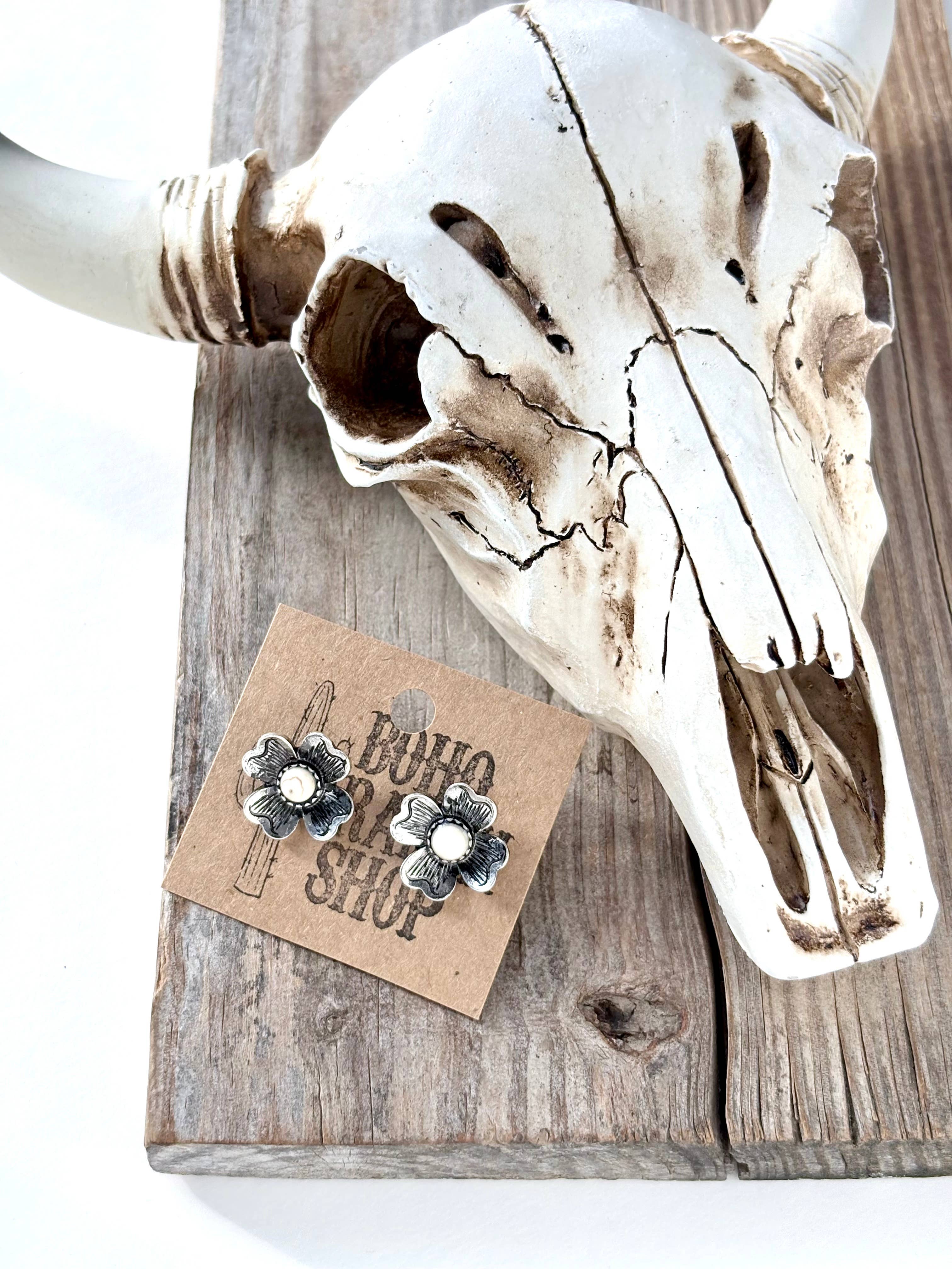 Flower Stone Stud Earrings White