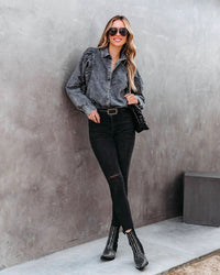 Denim Lapel Puff Sleeves Shirt