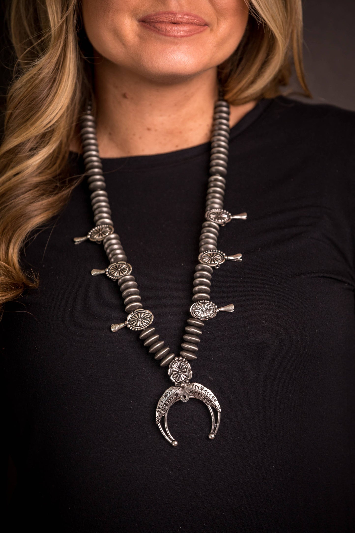 30" Faux Navajo Pearl Disc Squash Blossom Necklace