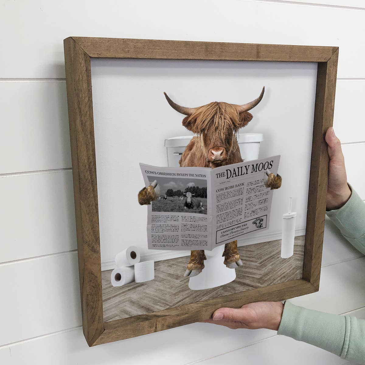 Highland Cow on Toilet Wood Frame Sign