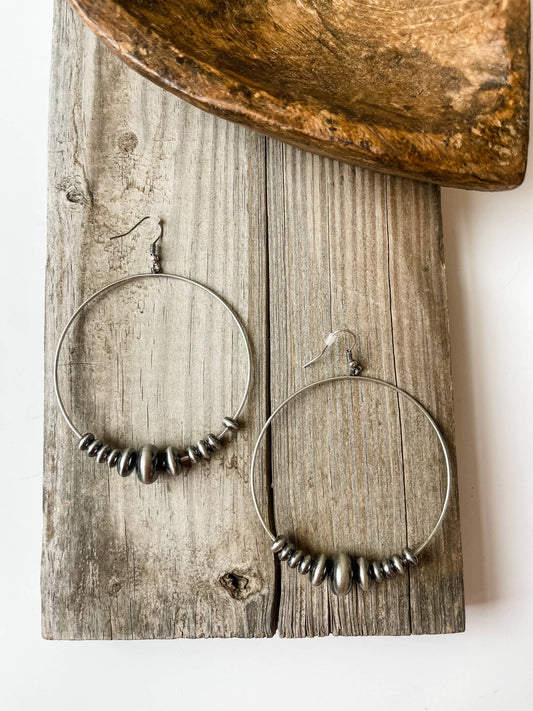Western Bead Hoop Earrings Silver