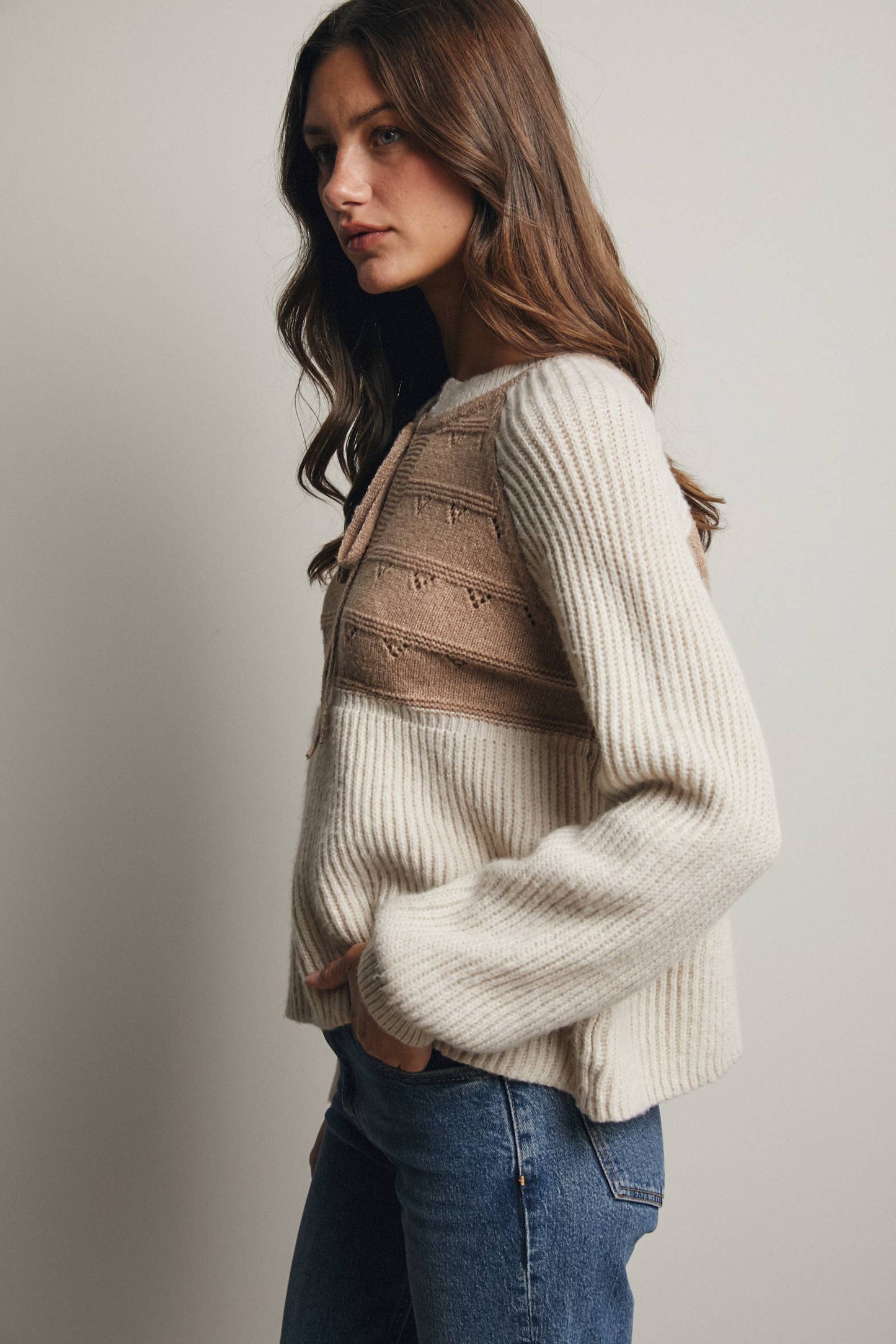 Two-Tone Knit Tie Neck Sweater